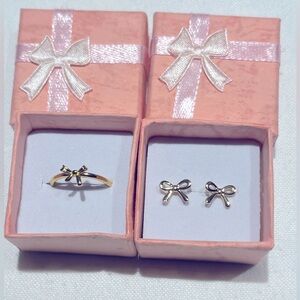 Dainty ribbon earrings and matching dainty ribbon ring jewelry set